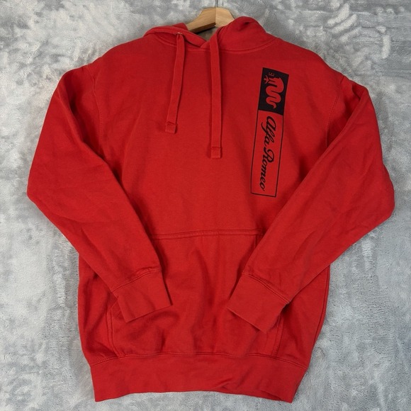 Alfa Romeo Pullover Hoodie Mens Small Red Fleece Logo Graphic Print Pockets